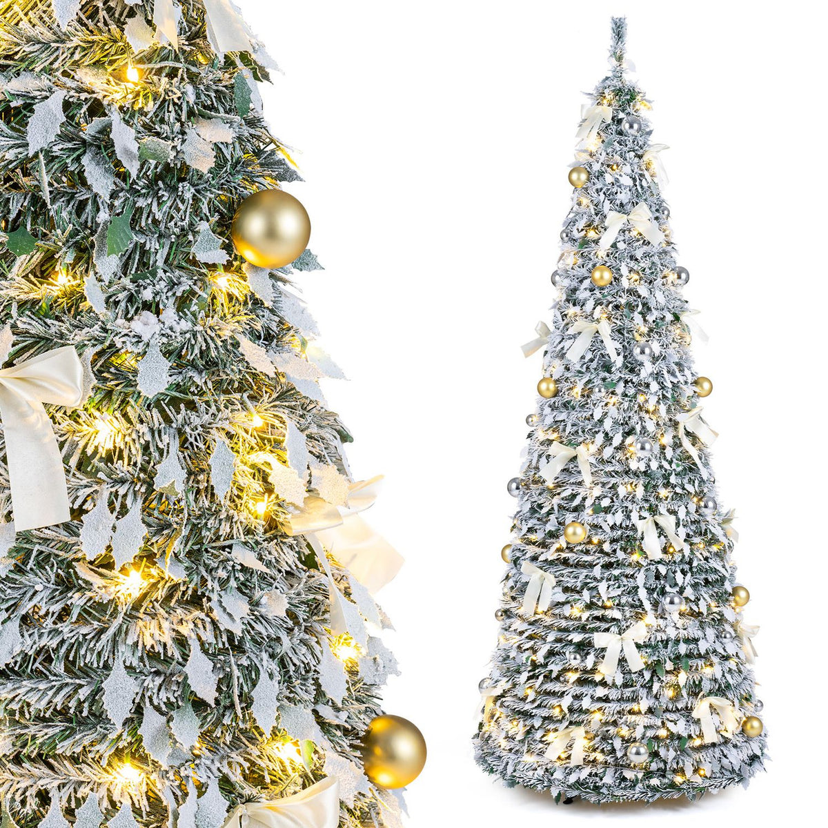 Close-up of flocked branches, glowing lights, bows and gold ornaments beside a full view of the tree.