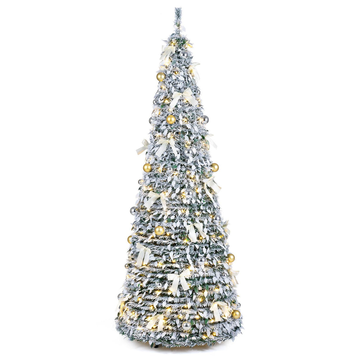 Full view of a flocked Christmas tree with warm lights, pale bows and gold ornaments on a white background.