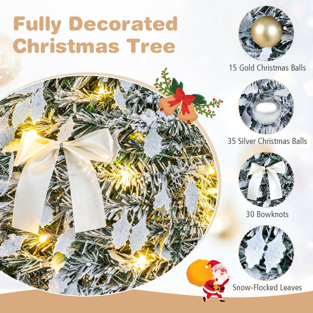 Close-up of a flocked tree branch with a white bow and warm lights, alongside circular ornament and foliage details.