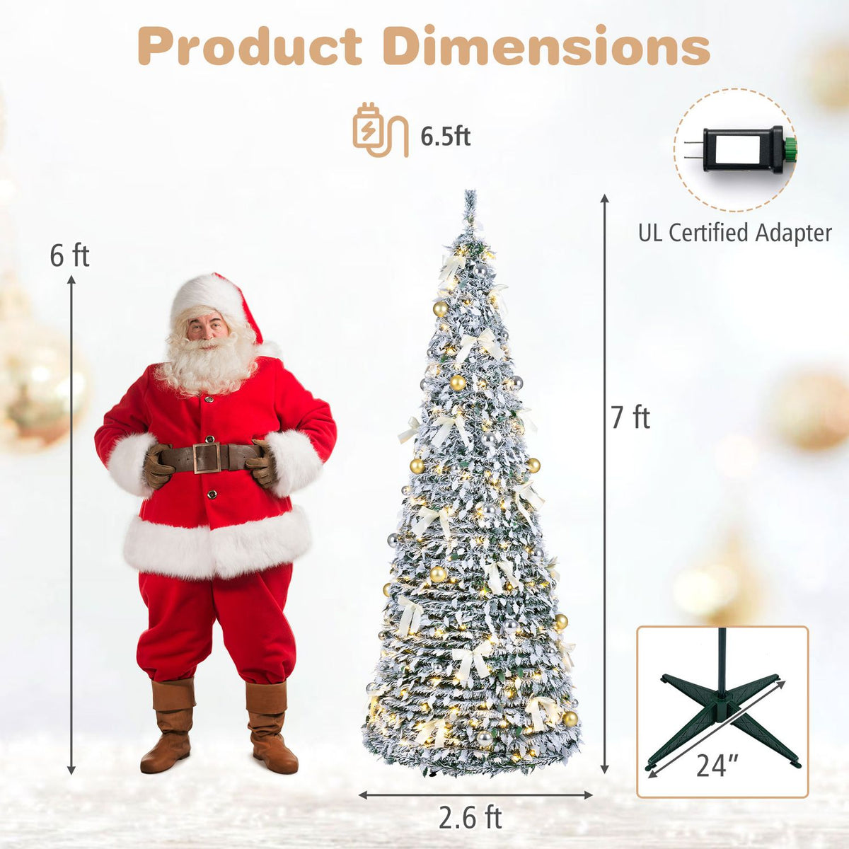 Snow-flocked Christmas tree with lights and ornaments shown beside a Santa figure, with a close-up of its stand.