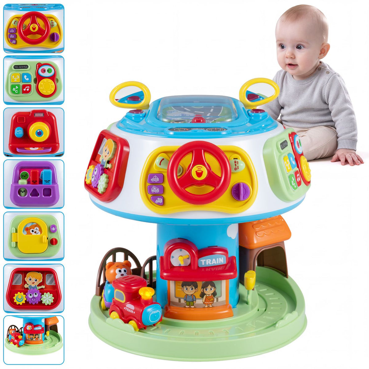 Colorful activity cube with steering wheel and toy train beside a seated baby.