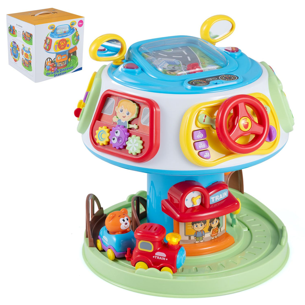 Activity cube shown at an angle with its train, steering wheel, and side activity panels.