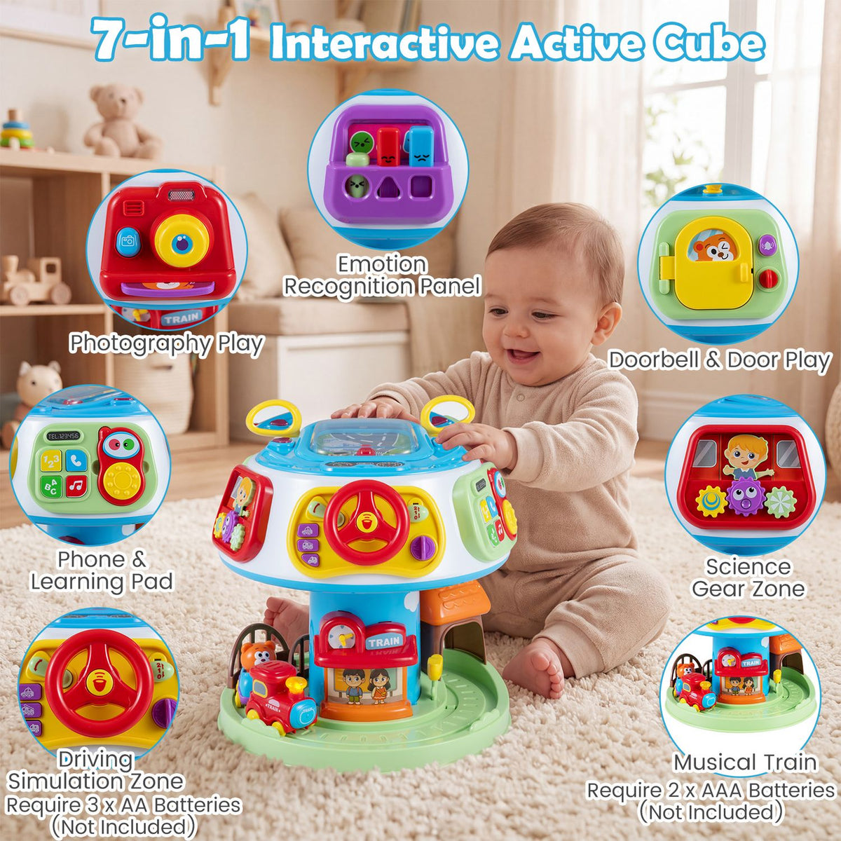 Baby plays with the activity cube, surrounded by close-ups of its play panels.