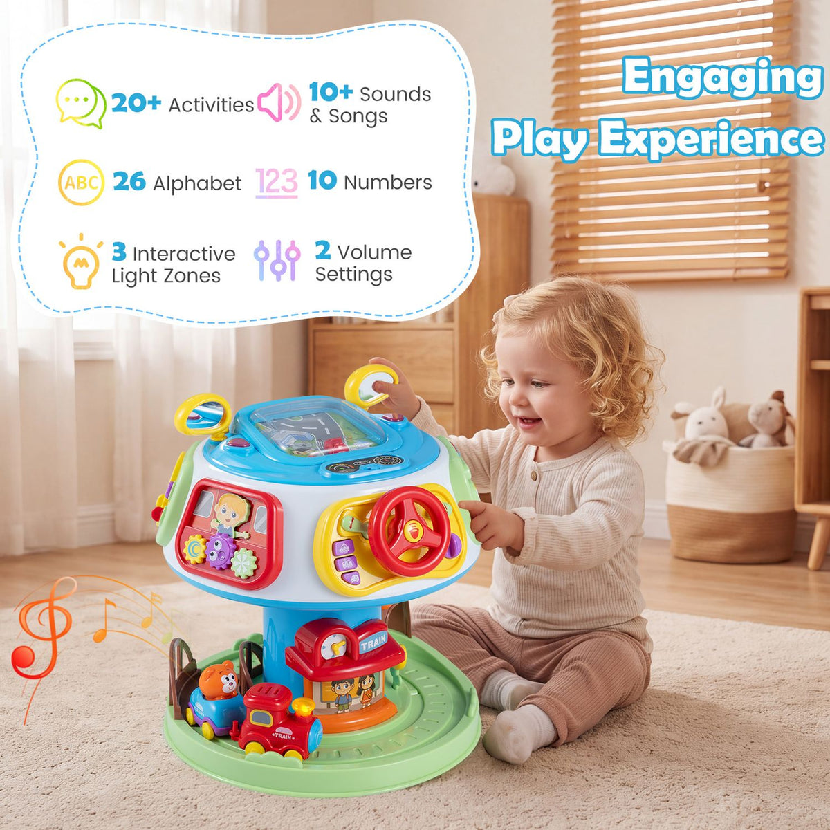 A toddler plays with a colorful activity cube on a round green base in a bright nursery.