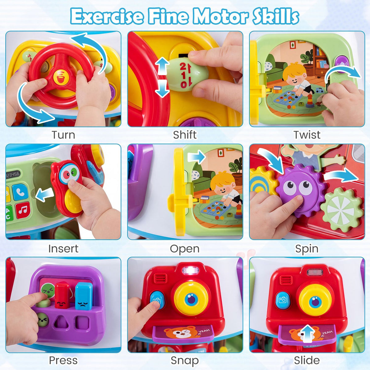 Close-ups show hands turning, shifting, twisting, inserting, opening, spinning, pressing, snapping and sliding cube features.