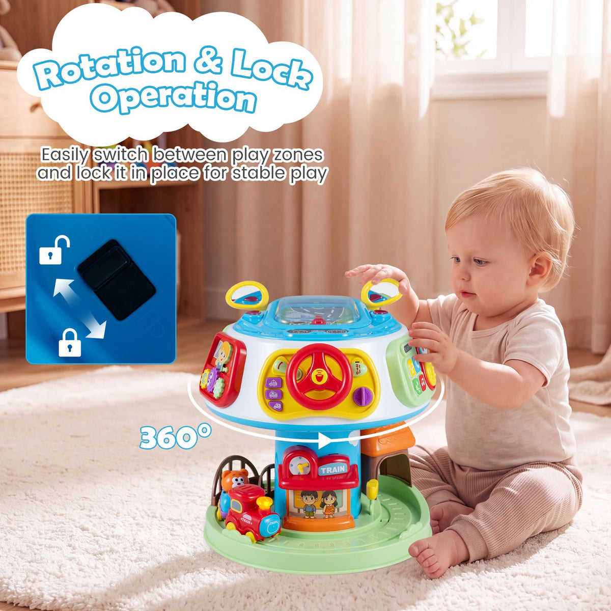 A toddler reaches toward the activity cube, shown with its colorful play panels and a train on the base.