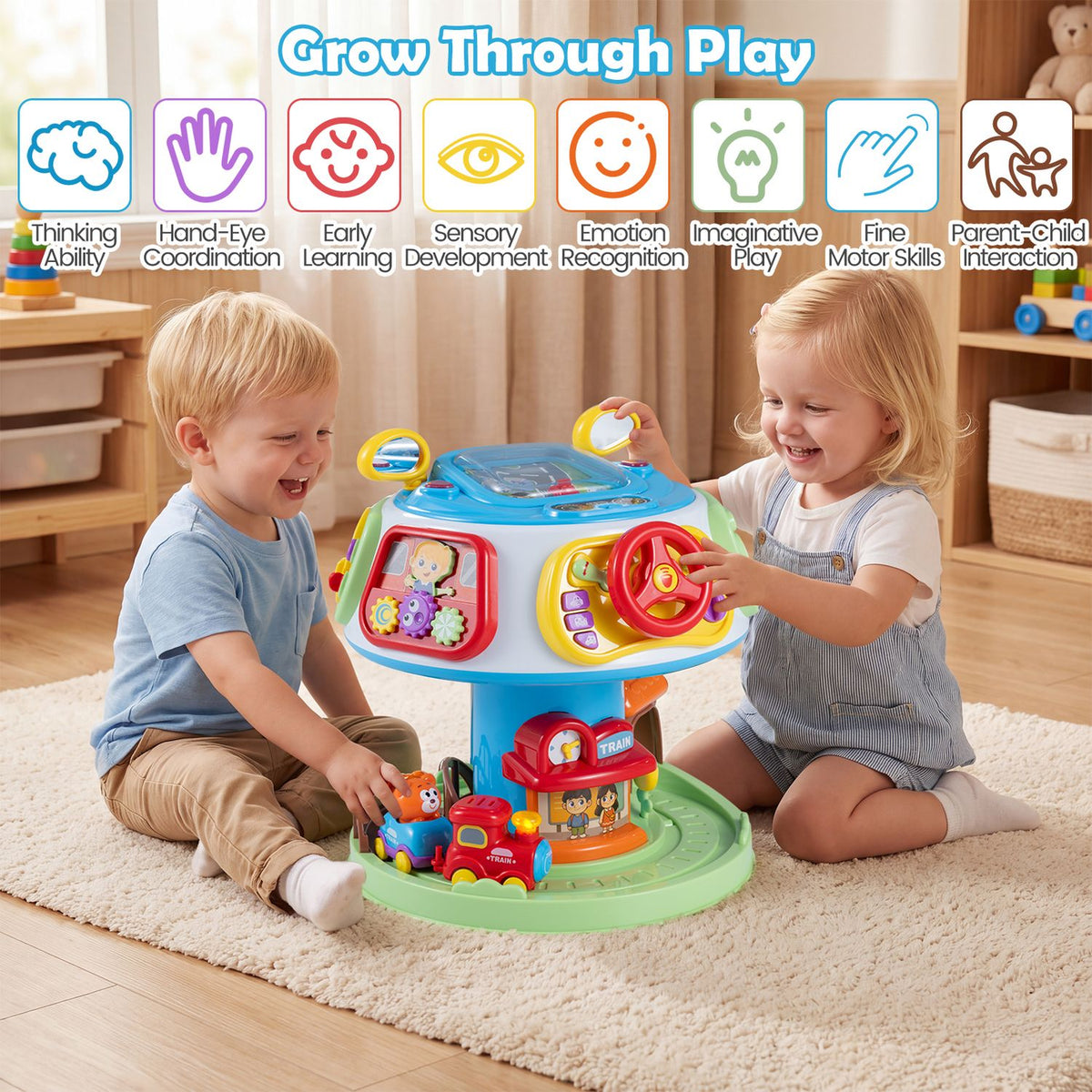 A boy and girl sit on a rug and play together with the colorful activity cube.