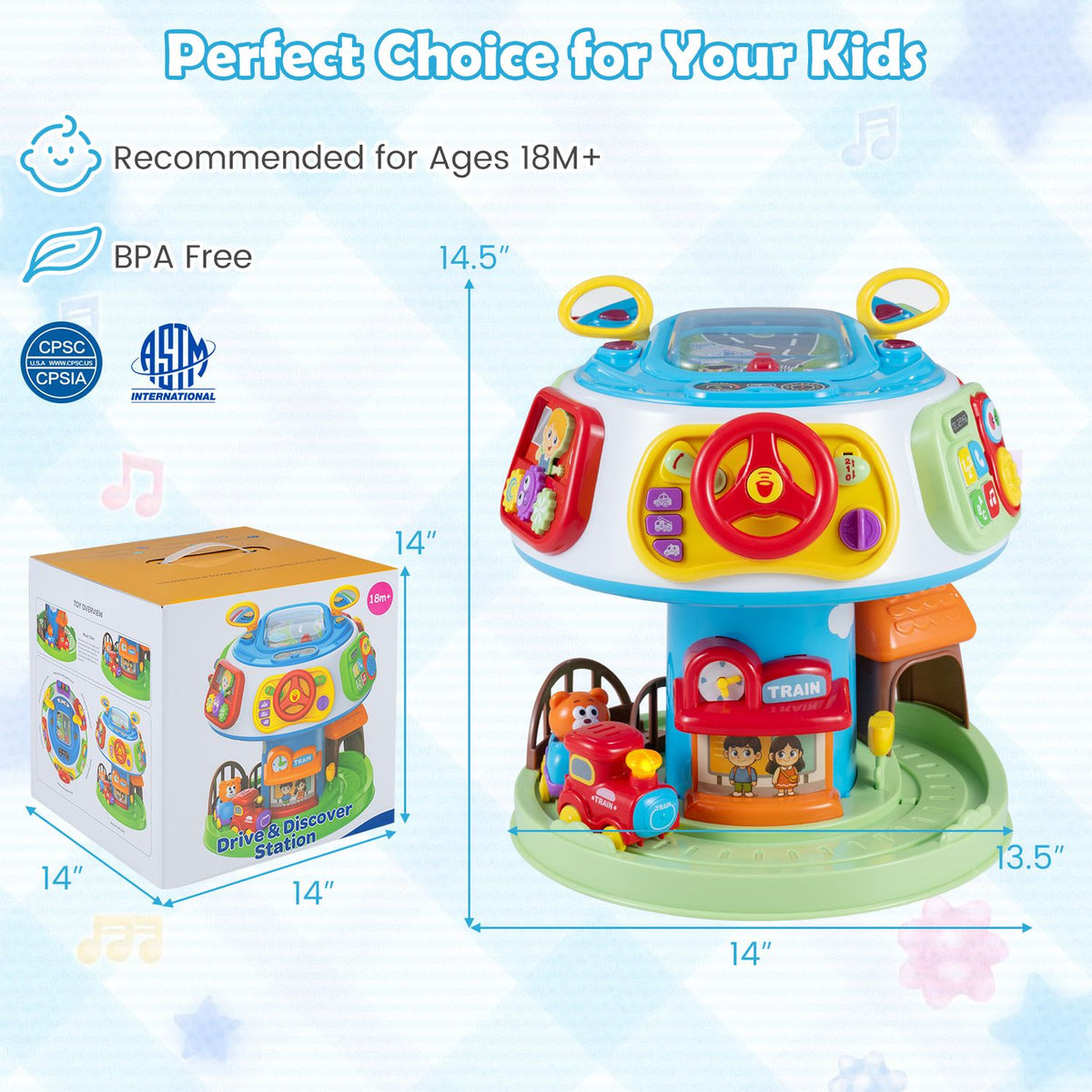 Activity cube and its box pictured with measurement arrows and product icons.