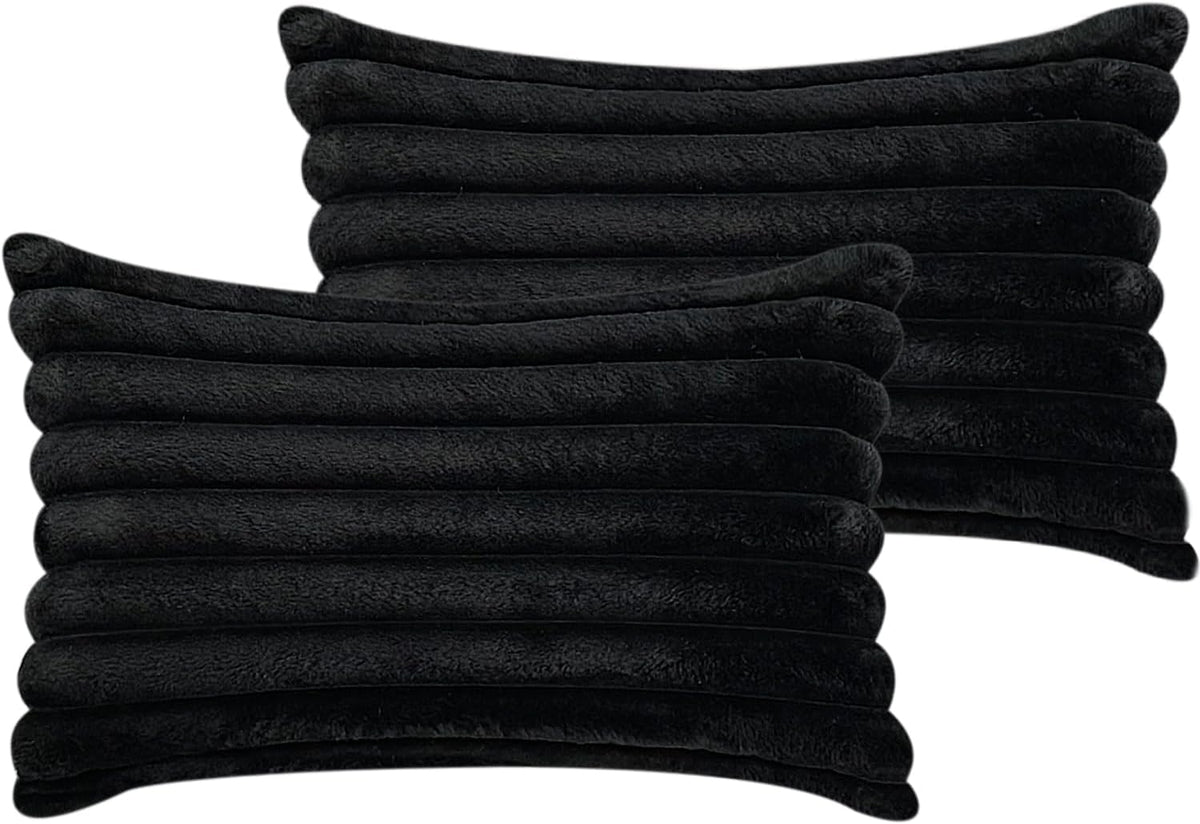 Two black ribbed faux-fur square pillow covers shown flat on a white background.
