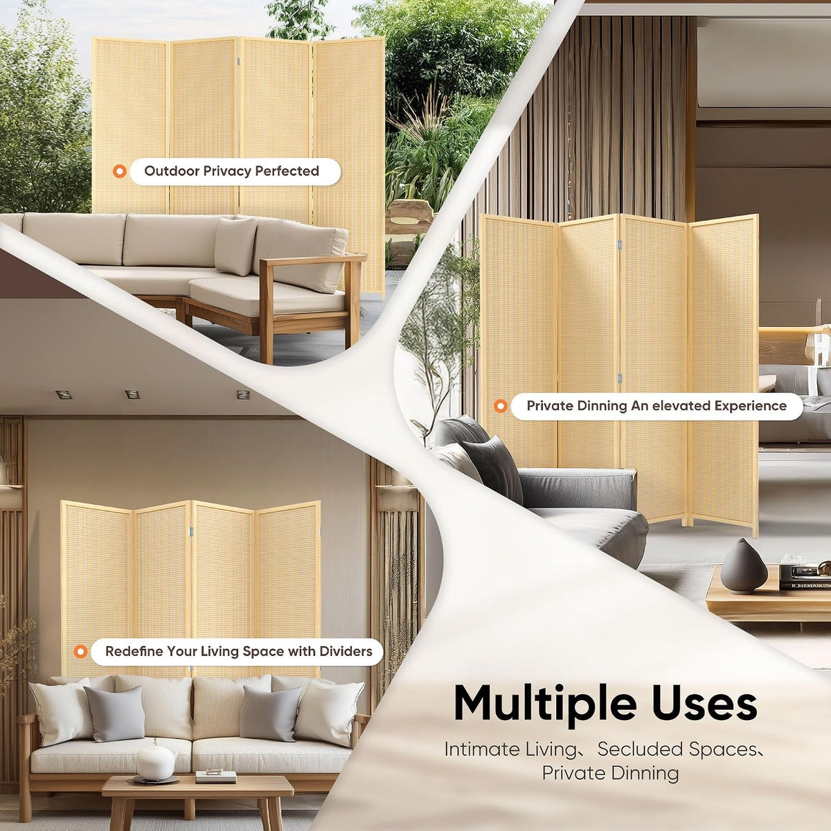Collage of multiple living scenes showing the light woven room divider placed in different home vignettes.