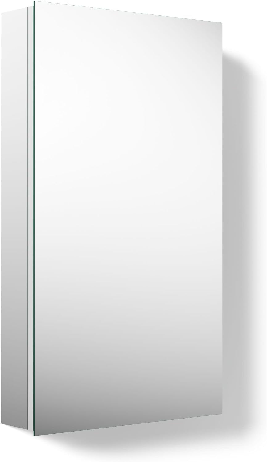 Three-quarter left-side view of a single-door mirrored cabinet showing the slim profile and edge of the mirror.