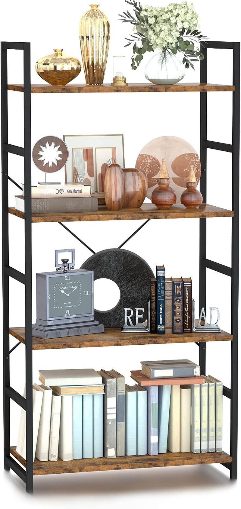 Five-tier bookshelf with black metal frame and warm brown wood shelves staged with vases and books.