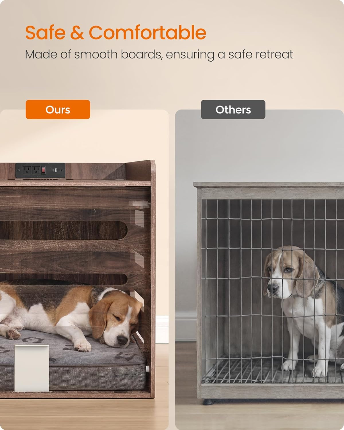 Front view of the crate interior showing smooth rounded boards and a pet bed, compared with a wire-style crate