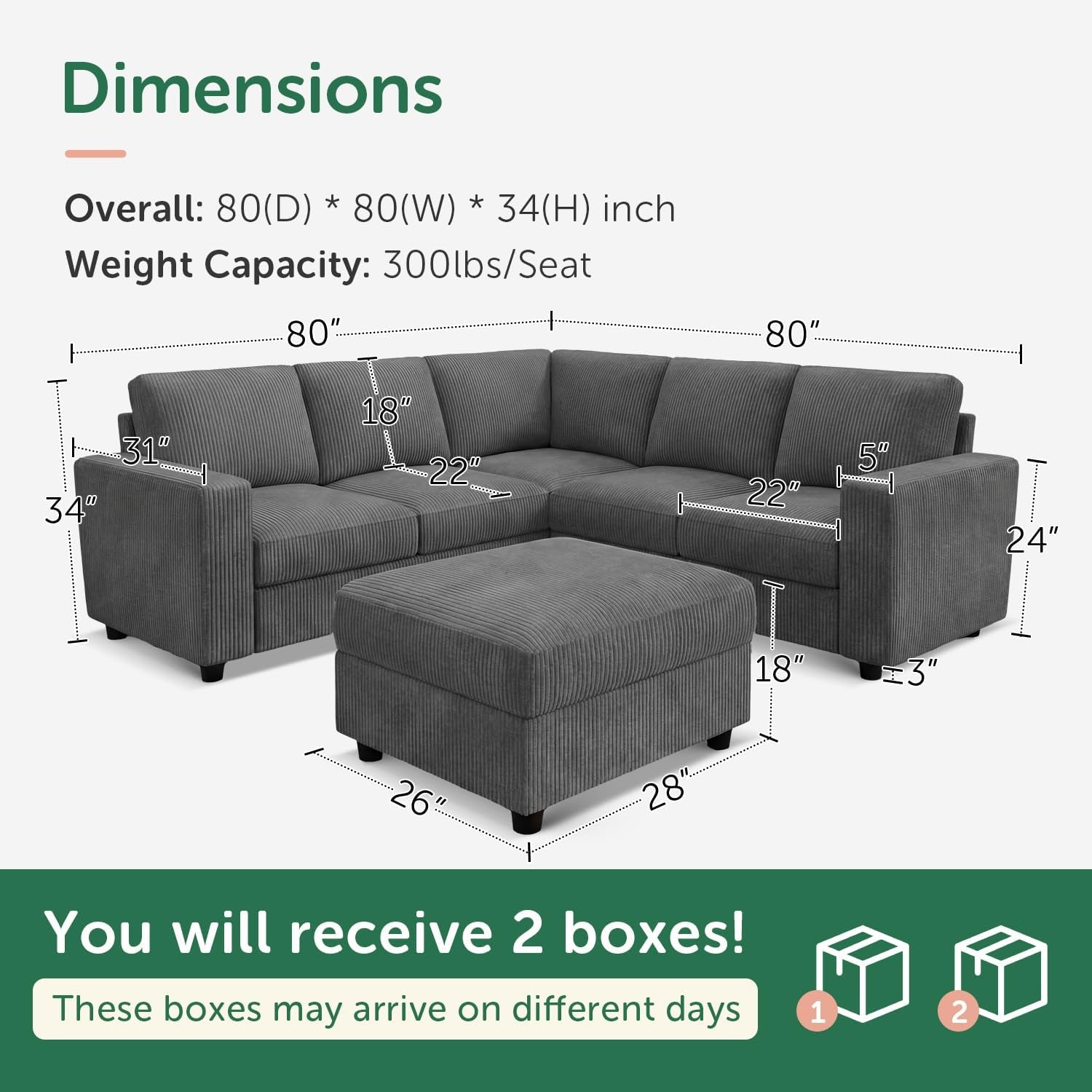 Sectional Sofa, 6 Seater L-Shaped Sectional Couch with Storage Ottoman for Living Room, Dark Grey