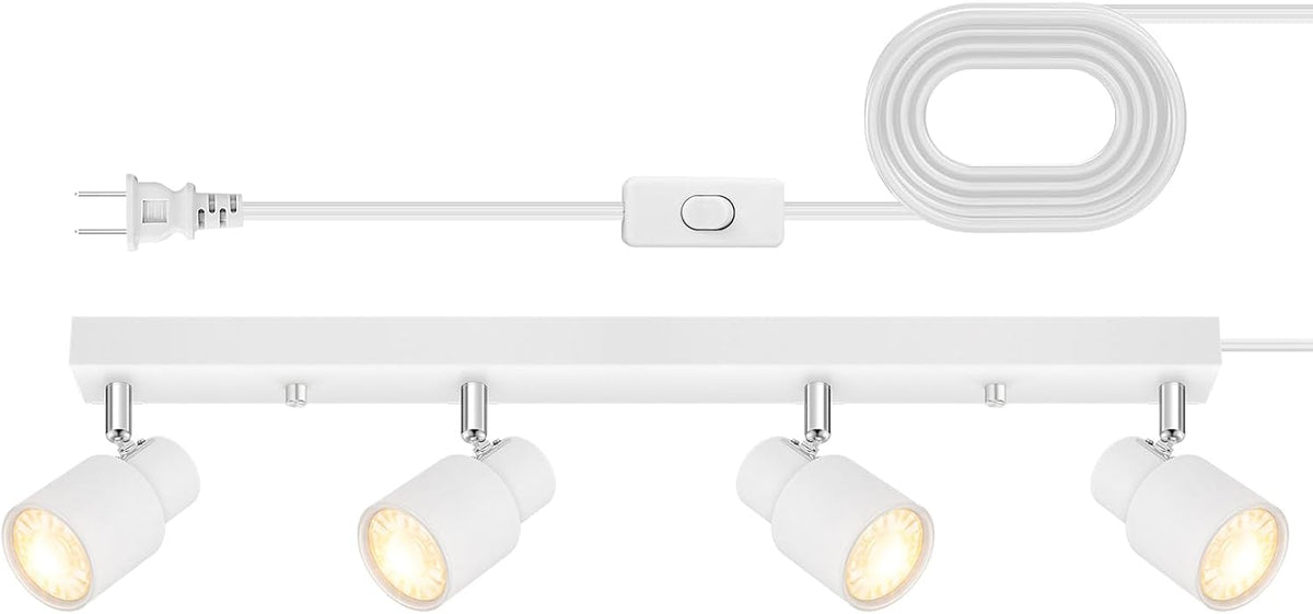 White plug-in track bar with four adjustable spotlight heads, white cord coiled and inline switch