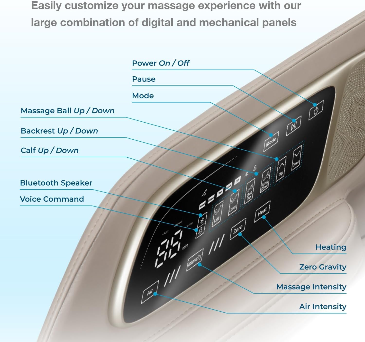 Armrest touchscreen control panel close-up showing labeled buttons for air, intensity, heat, zero gravity, Bluetooth andvoice