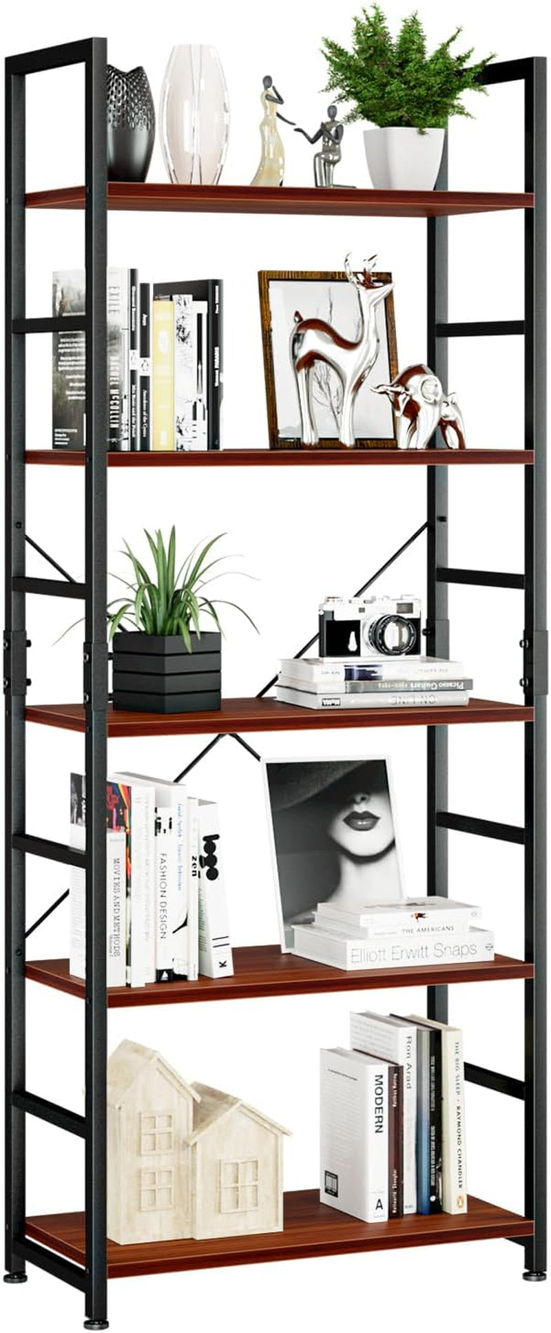 Five-tier shelving with black metal frame and reddish-brown wood shelves holding books, plants, and decor.