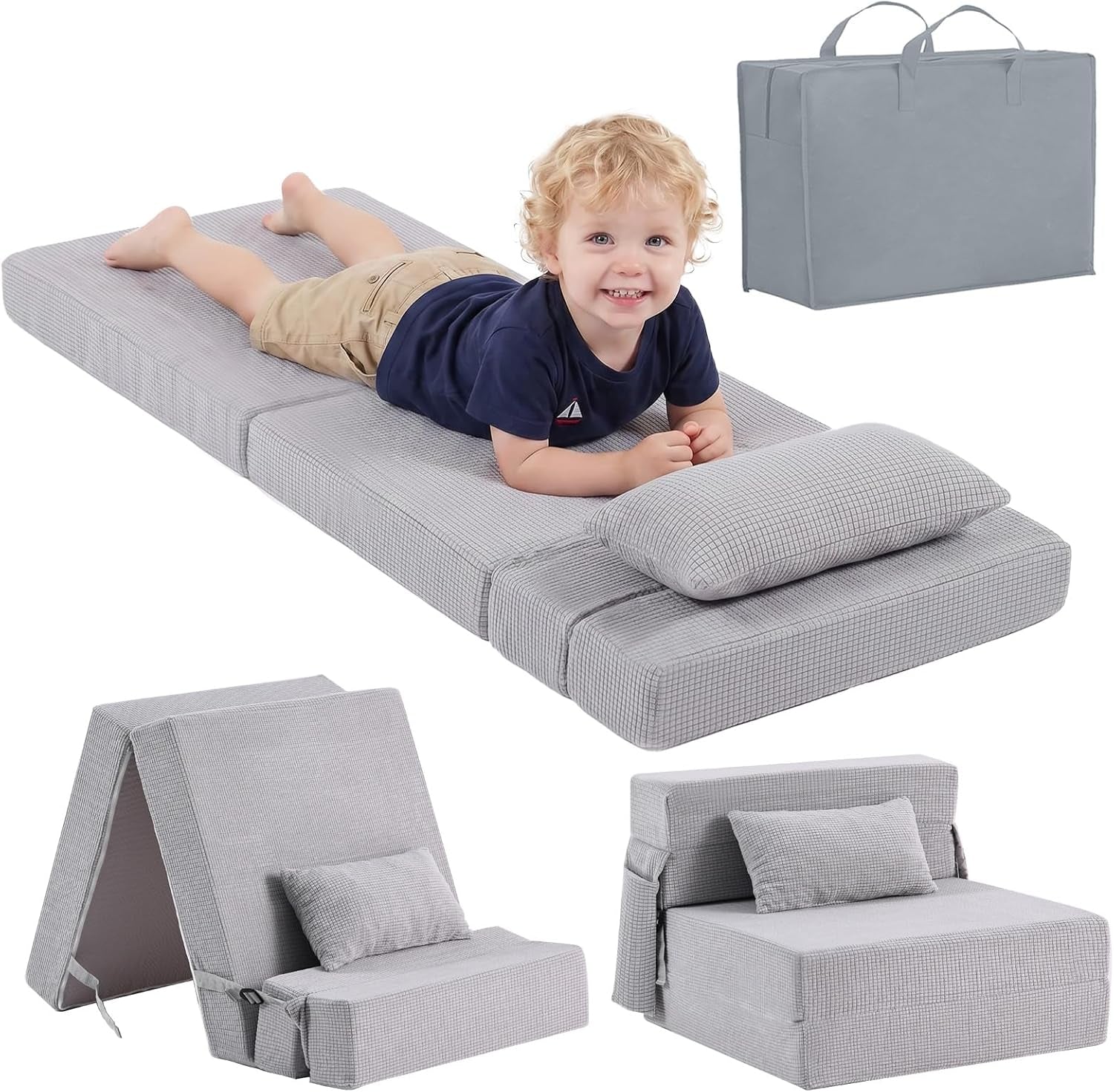 Foldable light-gray kids floor mattress laid flat with matching pillow and a smiling toddler on top; smaller insets show the