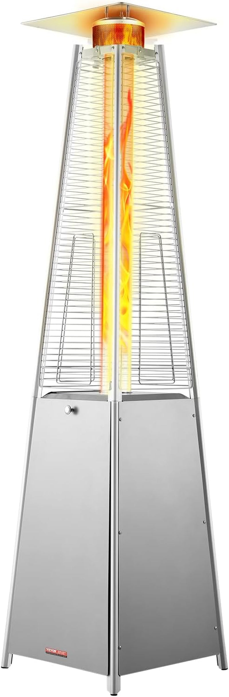 Silver pyramid propane patio heater front view showing lit quartz flame tube and stainless steel body
