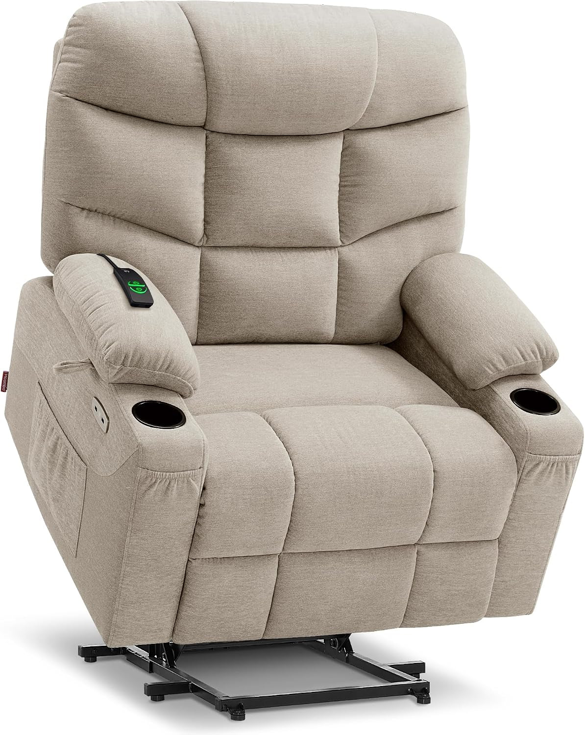 Light beige lift recliner angled left with a remote resting on the arm and visible stitched grid seat panels.