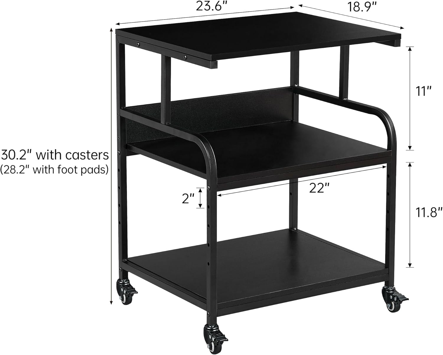 Black printer stand diagram with dimension callouts showing 23.6"W x 18.9"D and overall height measurements