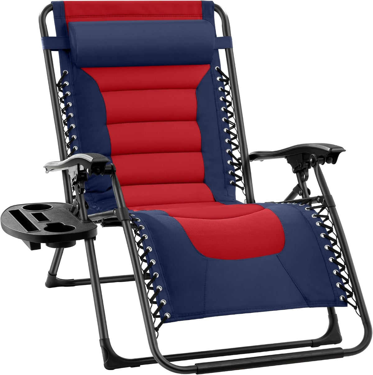 Front view of a navy and red padded zero-gravity recliner with cup holder tray and black frame
