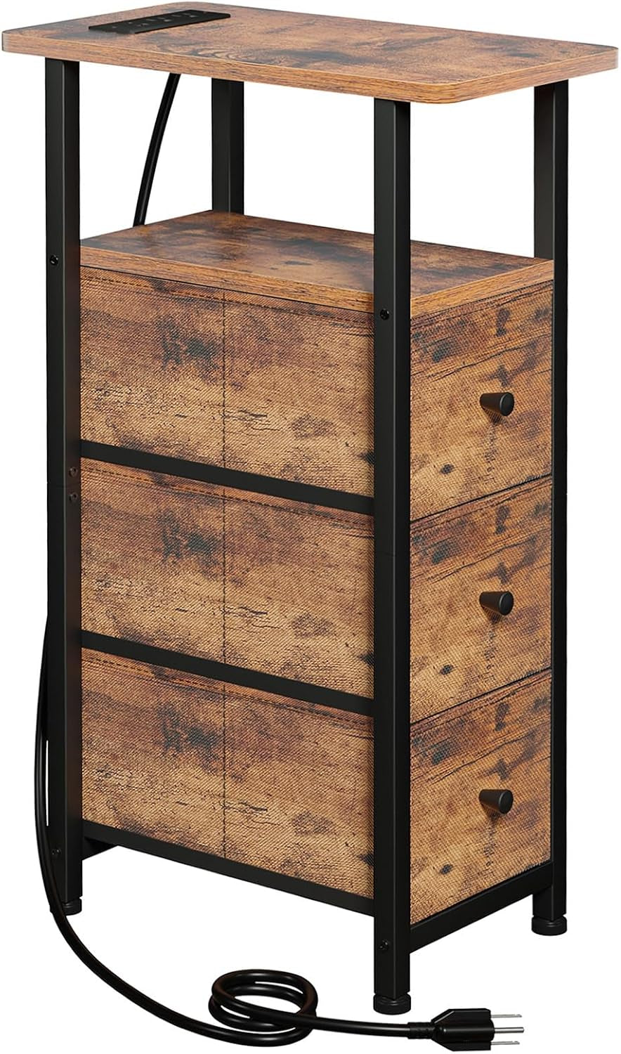 Wood-effect narrow table variant with three fabric drawers and power cord visible