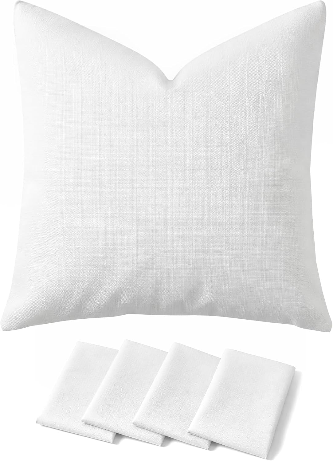 Front view of a white textured square pillow cover with four folded matching fabric swatches below