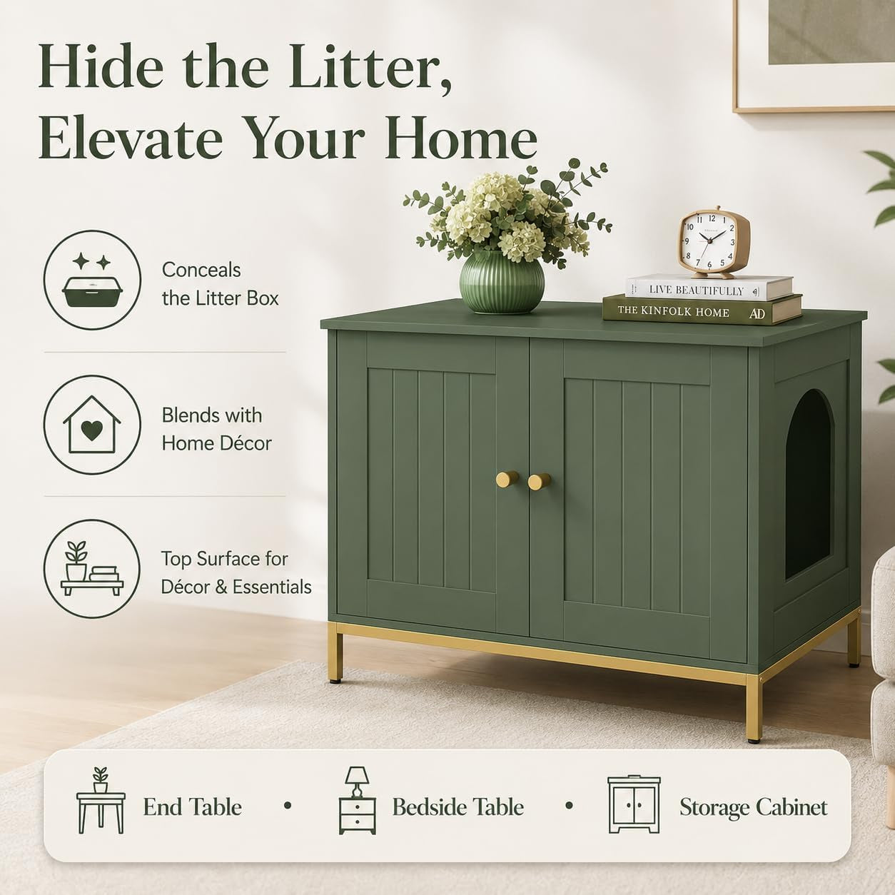 Litter-box cabinet shown in a living room setup with decorative books and a vase on top, informational icons at left.