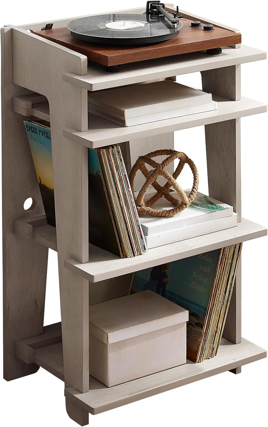 Light gray/whitewashed record stand staged with records, box, and decorative orb