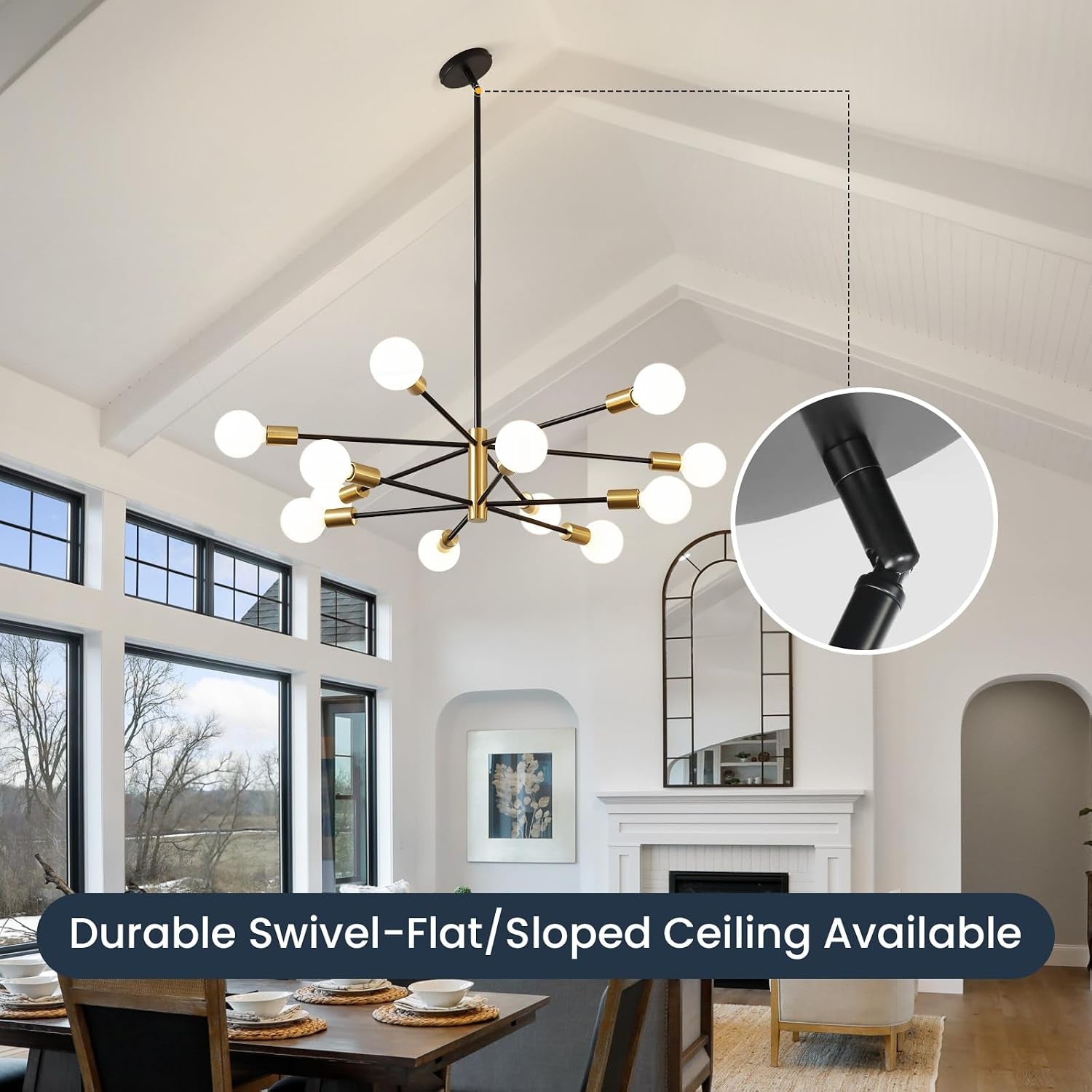 Sputnik chandelier installed on a vaulted/sloped ceiling with an inset close-up of the swivel joint
