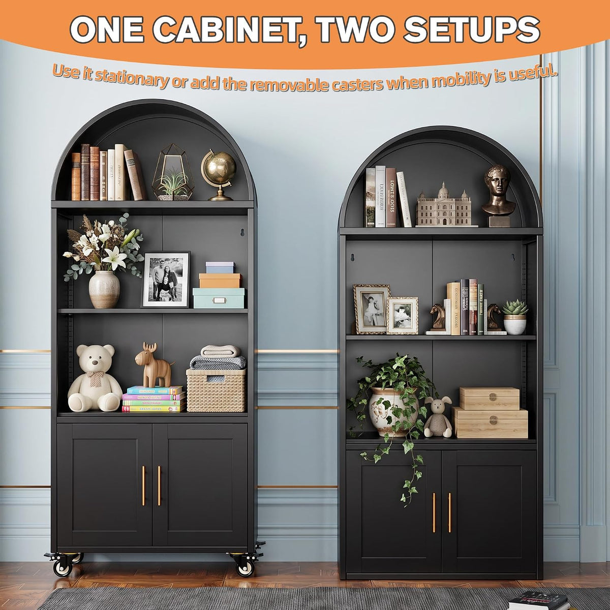 Two black arched metal bookshelves side-by-side showing one fitted with locking casters and one without casters attached