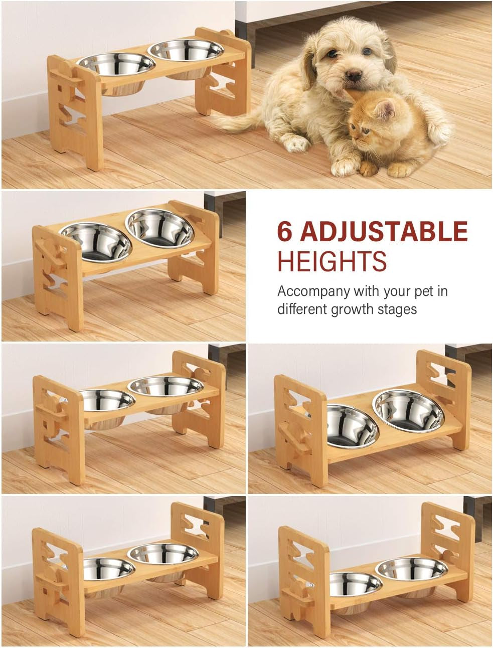 Collage of six views demonstrating the stand set at different height positions beside a puppy and kitten.