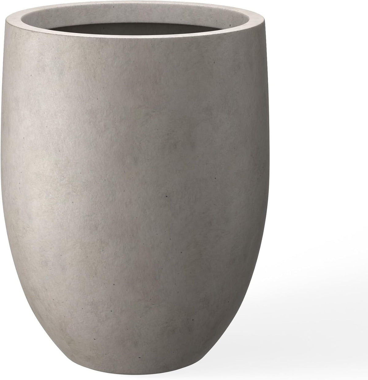 Close-up of tall round planter in light grey showing smooth concrete finish and visible pores