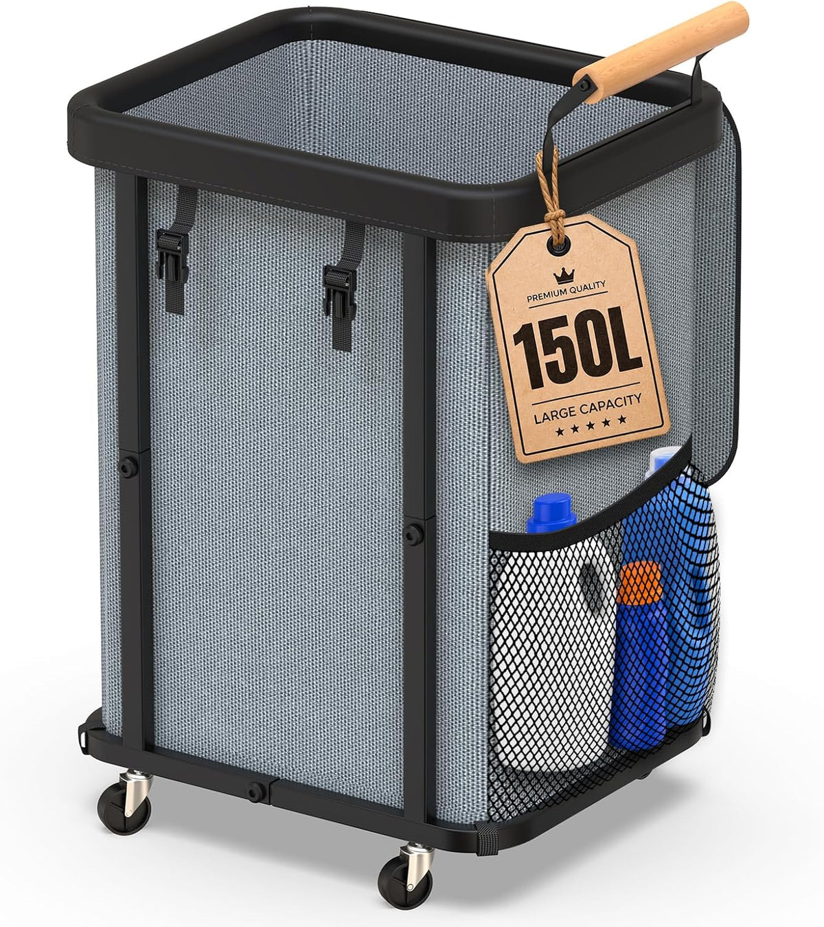 Close angled view of one corner showing mesh side pocket with detergent bottles and a hanging capacity tag