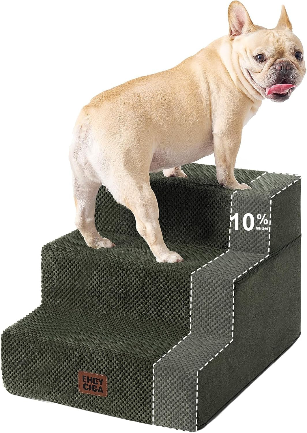Front three-quarter view of dark textured dog steps with a small dog standing on the top step