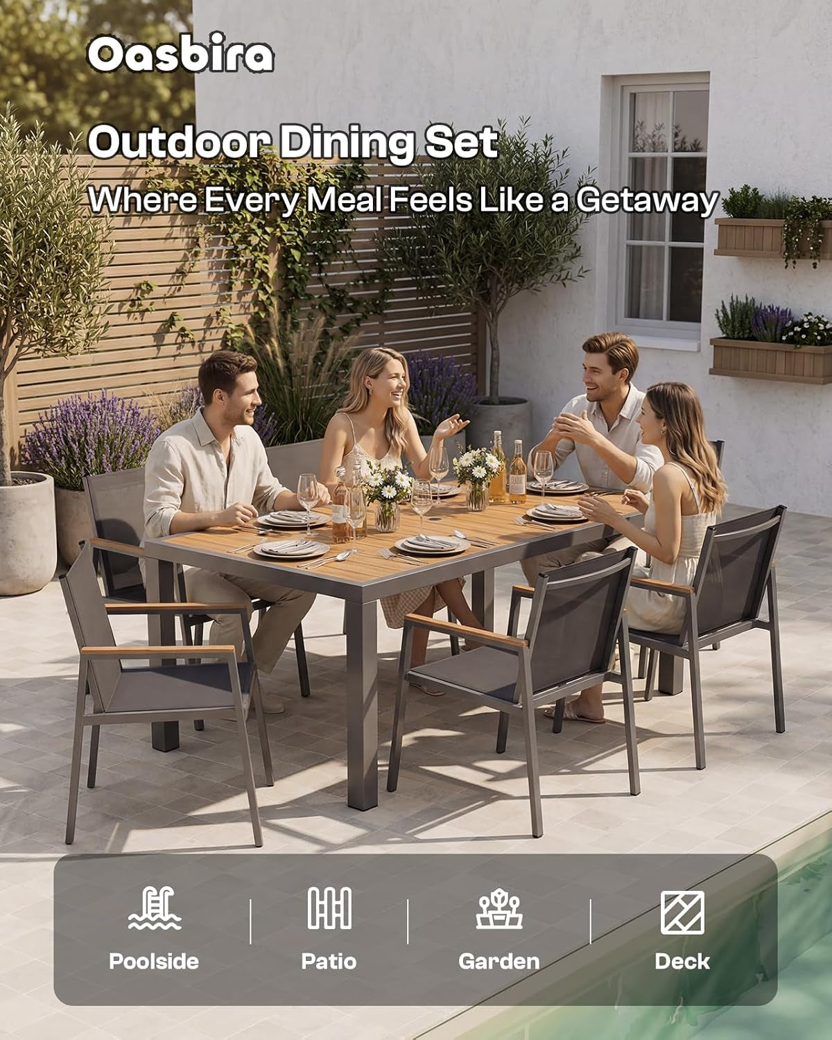 Four people dining around the outdoor rectangular table with place settings beside a pool and potted plants.