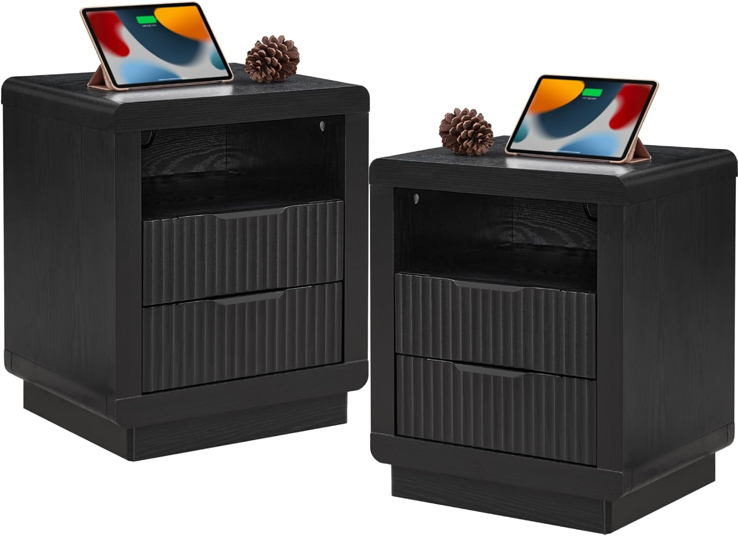 Two dark wood nightstands shown side by side with open shelf and two ribbed front drawers, each topped with a tablet and