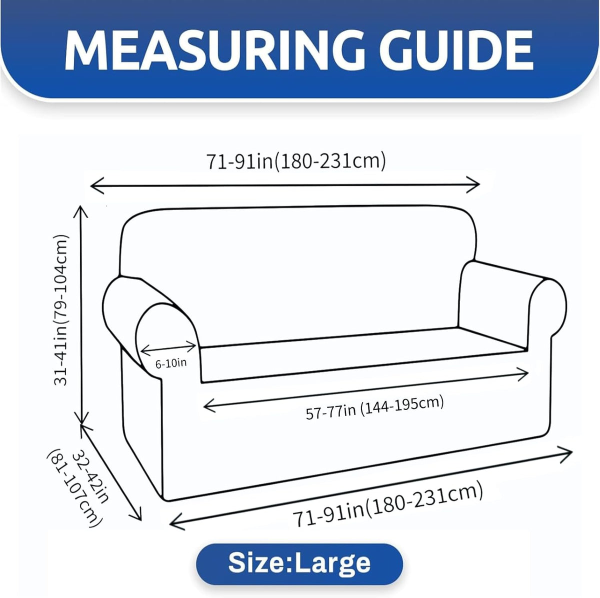 Line drawing of a three-cushion sofa with arrows showing width, depth, and arm measurements for sizing