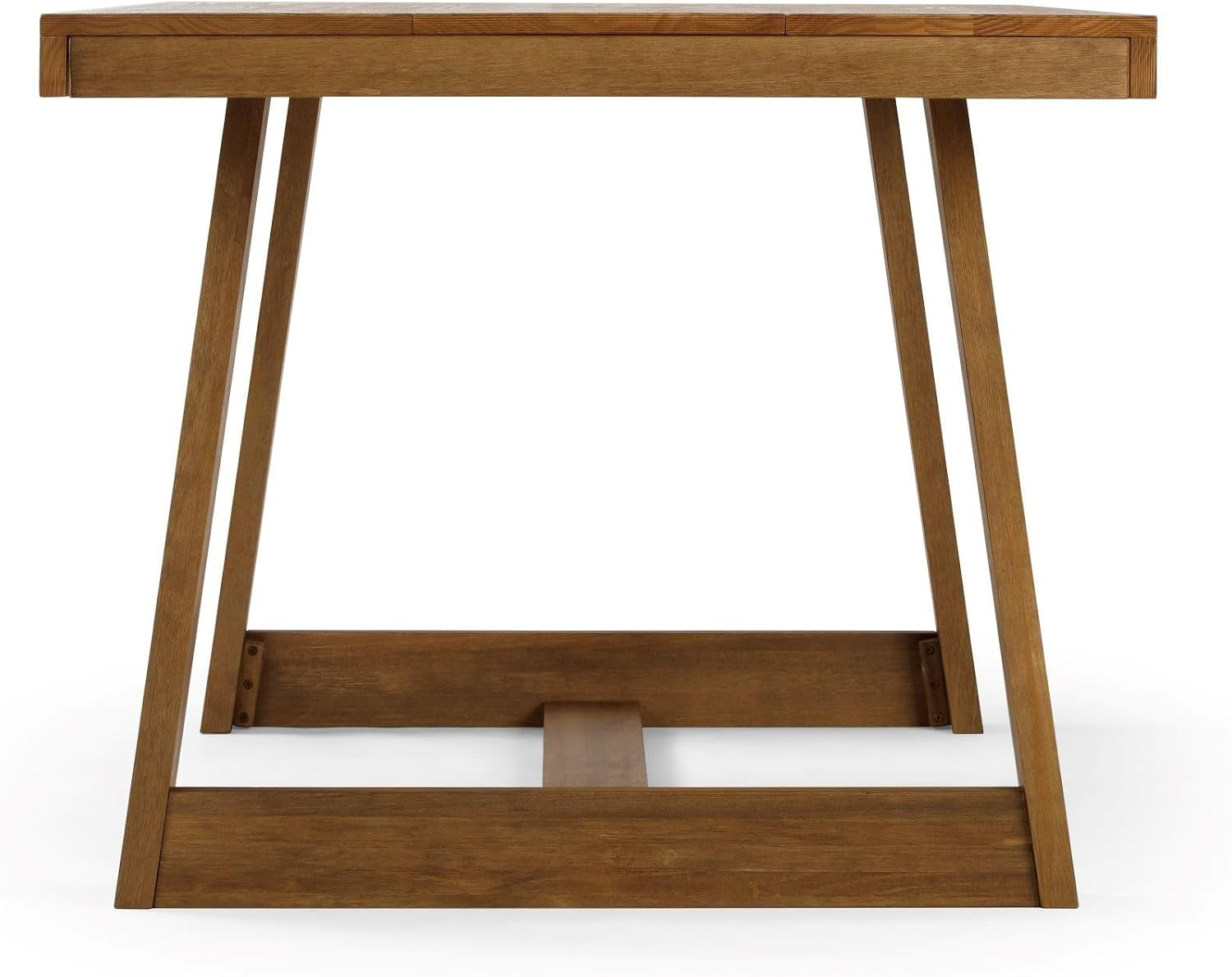 Front view of a rectangular pine dining table showing angled trestle legs and central stretcher