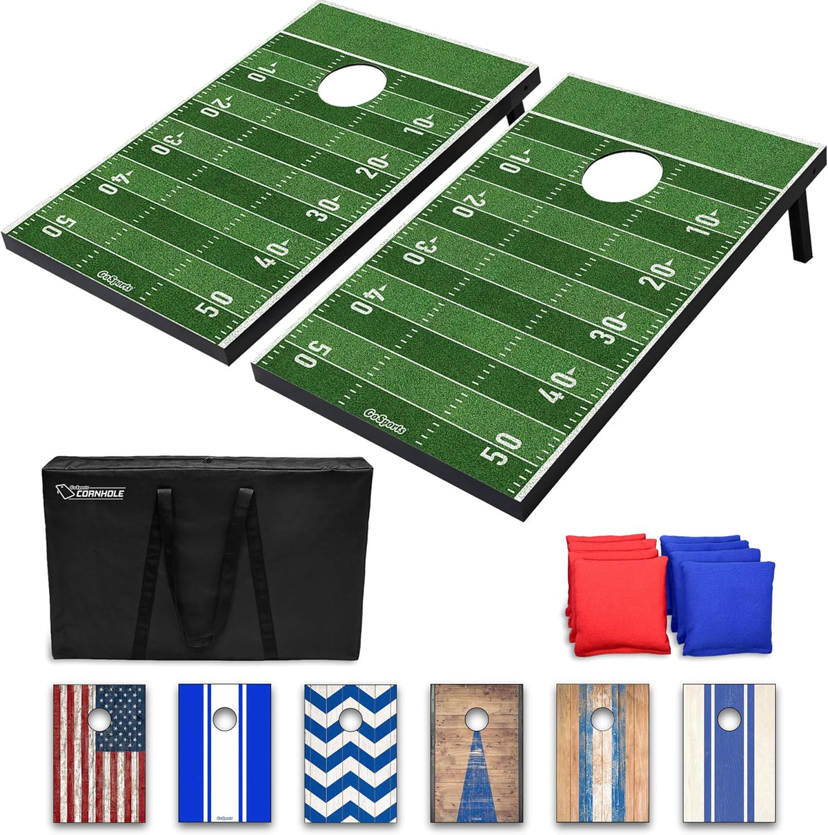 Two cornhole boards printed like a green football field with yard-line markings, shown with carrying bag and red/blue bags