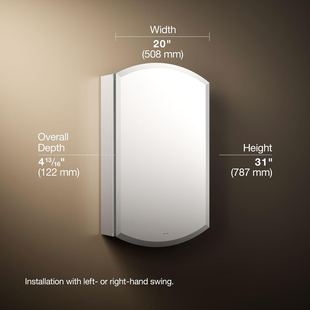Graphic showing cabinet with labeled width 20" and height 31" and note about left- or right-hand swing installation