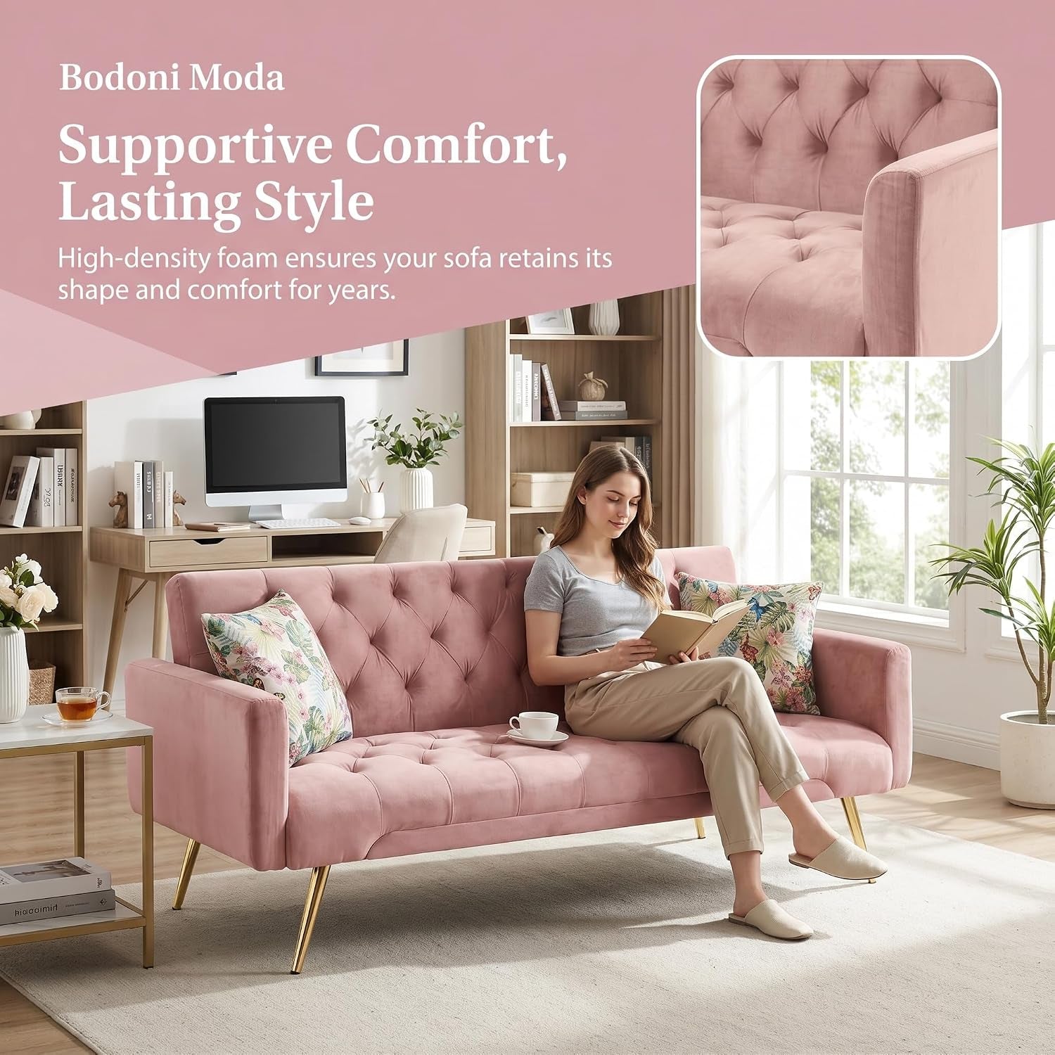Pink tufted sofa in a bright office nook with a woman reading and an inset arm detail.