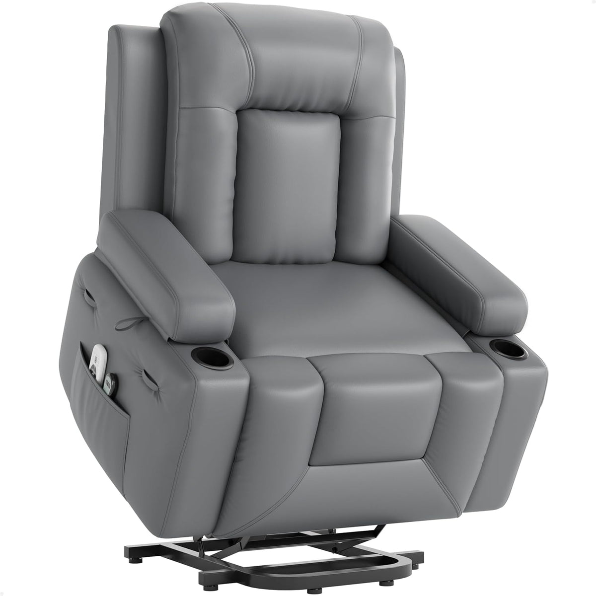 Grey faux leather power lift recliner front three-quarter view on a white background showing arm cup holders and side pocket
