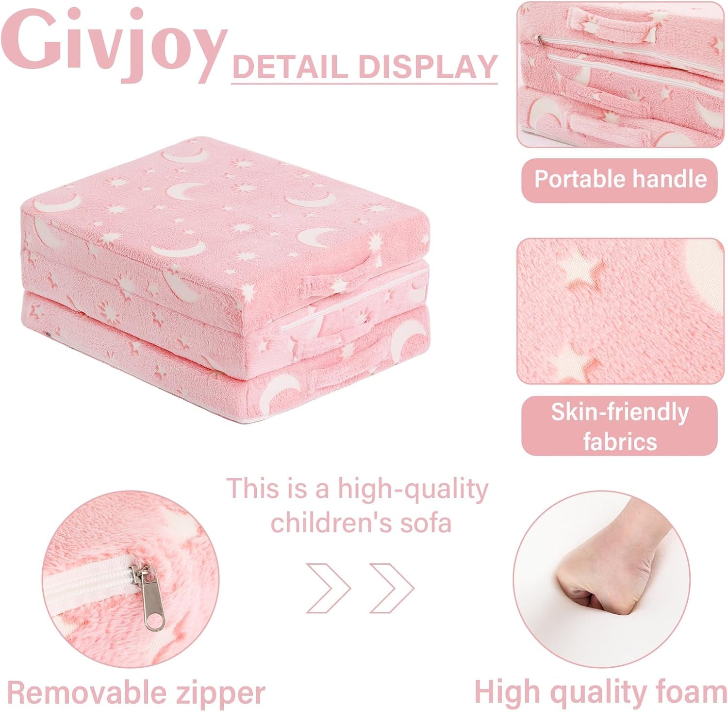 Folded pink tri-fold mattress with moon and star print and close-up thumbnails of zipper, handle and fabric.