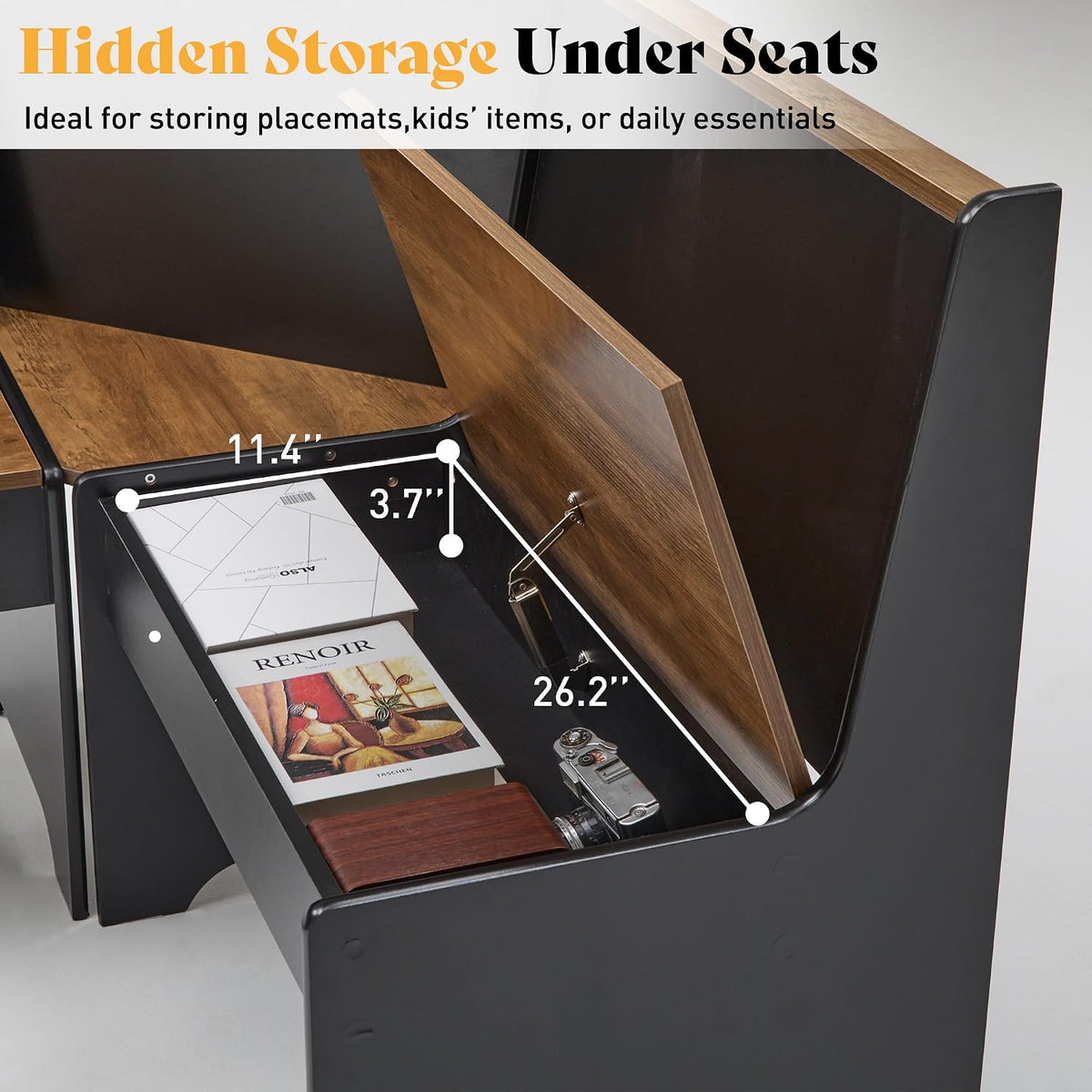 Lift-up bench seat open to reveal hidden storage compartment with buffer hinge and wood-grain interior