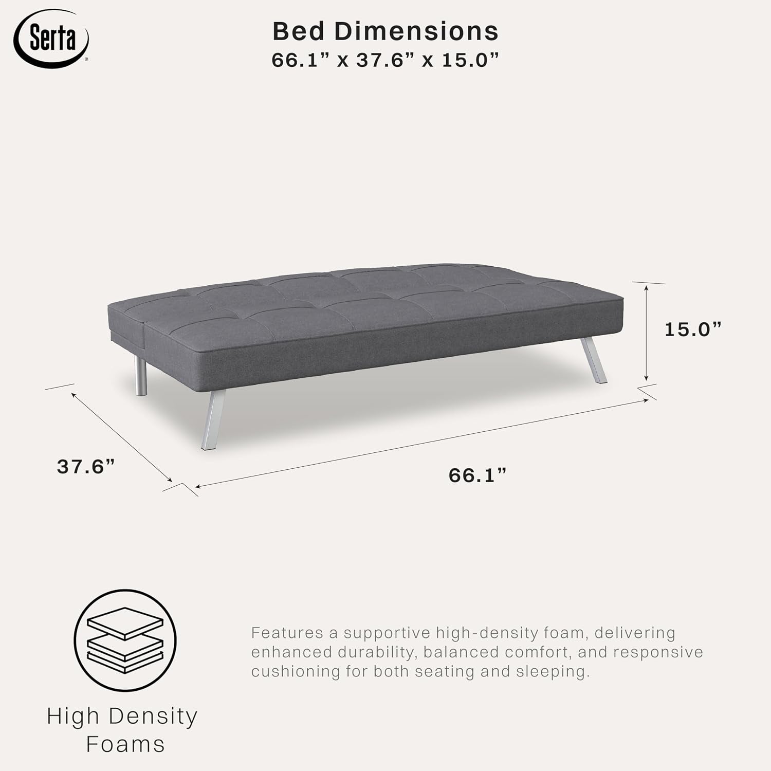 Dimension diagram of a grey tufted sofa bed laid flat with chrome legs and measurement arrows.