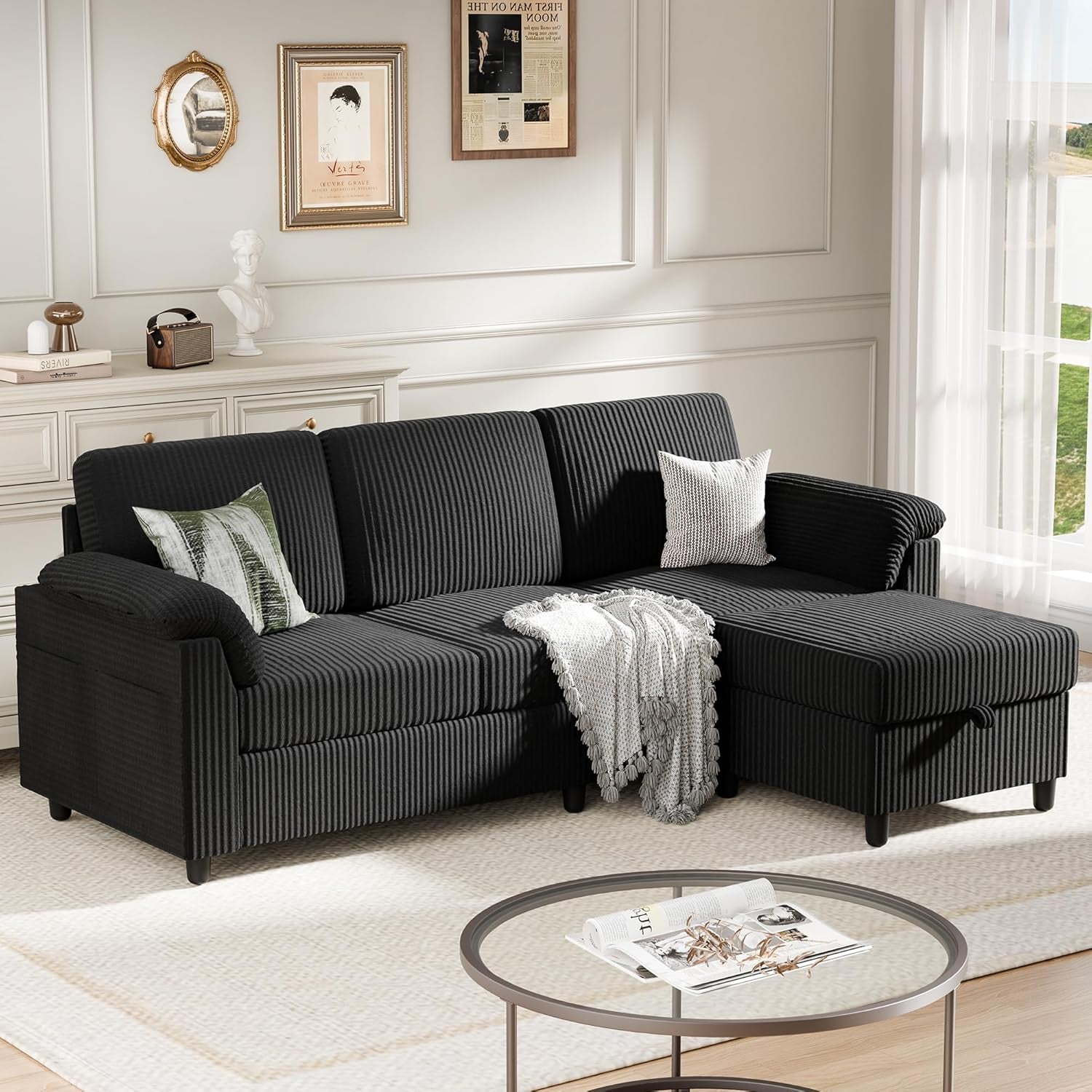 Sectional Couch for Living Room, 79In Sectional Sofa with Ottoman, L Shaped Couch with Armrests Side Storage Pockage, 3-Seat Sofa Couches for Apartment, Black