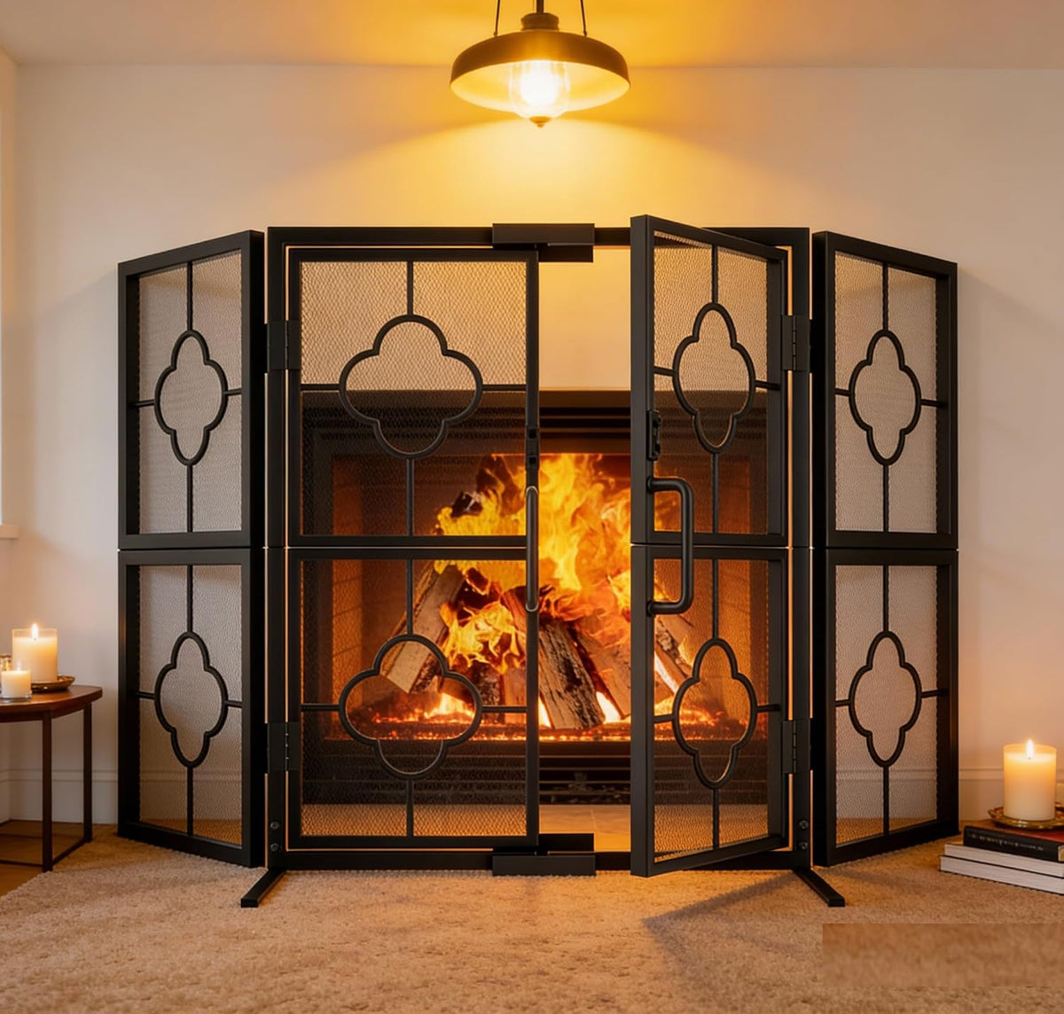 Cozy living room scene with the black four-panel fireplace screen in front of a roaring fire, candles and a pendant light
