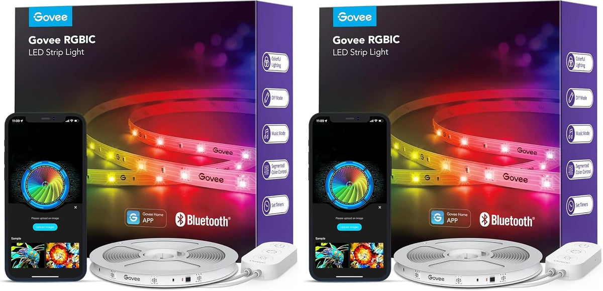 Side-by-side twin-pack style image with two identical boxed sets, two phones and two coiled LED reels arranged across the